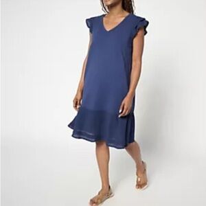 New AnyBody brand Navy Blue V-neck shift Summer dress with a ruffle hem / Large